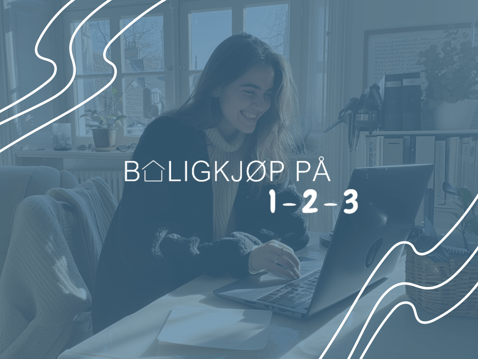 Bilde av jente på PC med tekst boligkjøp på 1-2-3