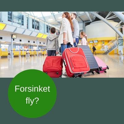 Bilde av familie på flyplass med tekst Forsinket fly?