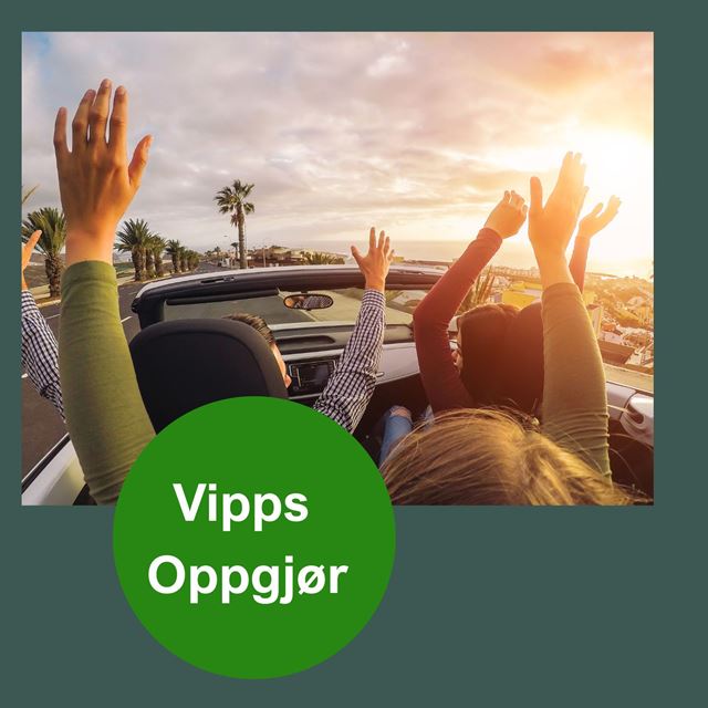 Bilde av mennesker på tur i bil, med tekst Vipps oppgjør