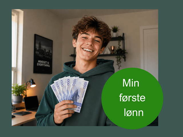 Gutt som holder 1000-lapper, tekst "min første lønn".