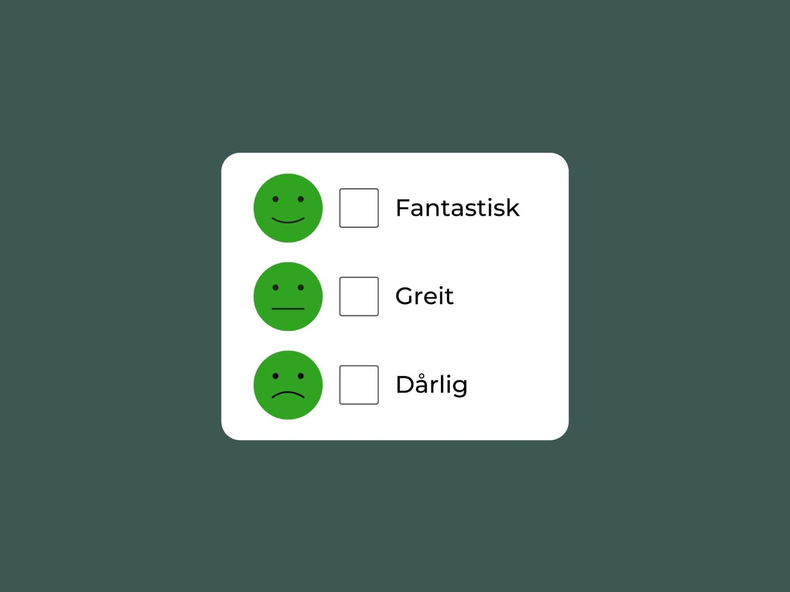 Bilde av skjema med emoji for fantastisk, greit og dårlig.